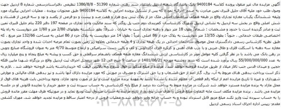 آگهی مزایده ششدانگ یکباب مغازه تجاری واقع در طبقه همکف ساختمان اصلی ملک