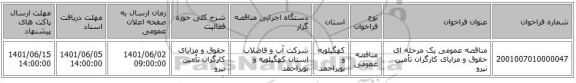 مناقصه، مناقصه عمومی یک مرحله ای حقوق و مزایای کارگران تأمین نیرو