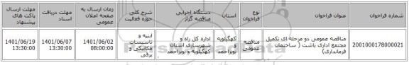 مناقصه، مناقصه عمومی دو مرحله ای تکمیل مجتمع اداری باشت ( ساختمان فرمانداری)