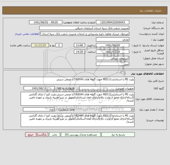 استعلام پلیت PE با استانداردNIJ111 جهت گلوله های 7/62mmبا مرمی سربی