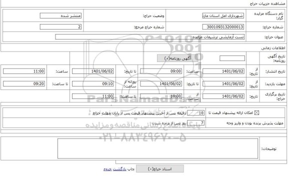مزایده ، تست آزمایشی ترشیفات مزایده