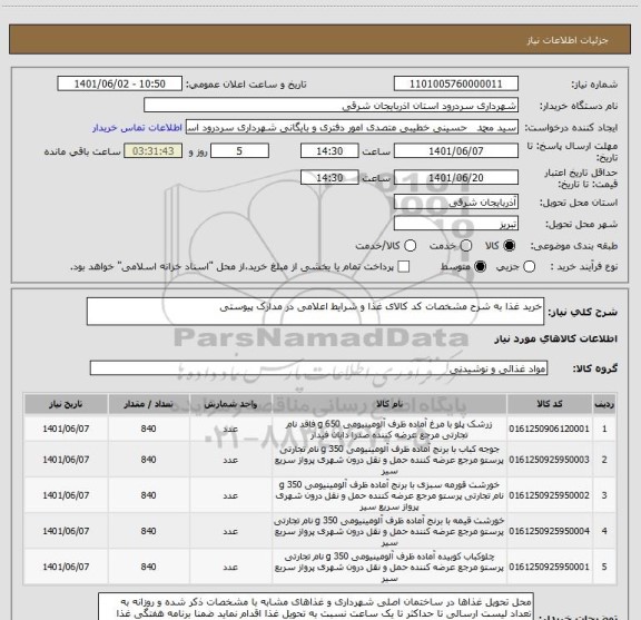 استعلام خرید غذا به شرح مشخصات کد کالای غذا و شرایط اعلامی در مدارک پیوستی