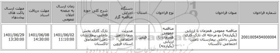 مناقصه، مناقصه عمومی همزمان با ارزیابی (یکپارچه) دو مرحله ای  نازک کاری  بخش داخلی بیمارستان تامین اجتماعی تاکستان