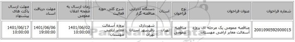 مناقصه، مناقصه عمومی یک مرحله ای پروژه آسفالت معابر اراضی مهستان
