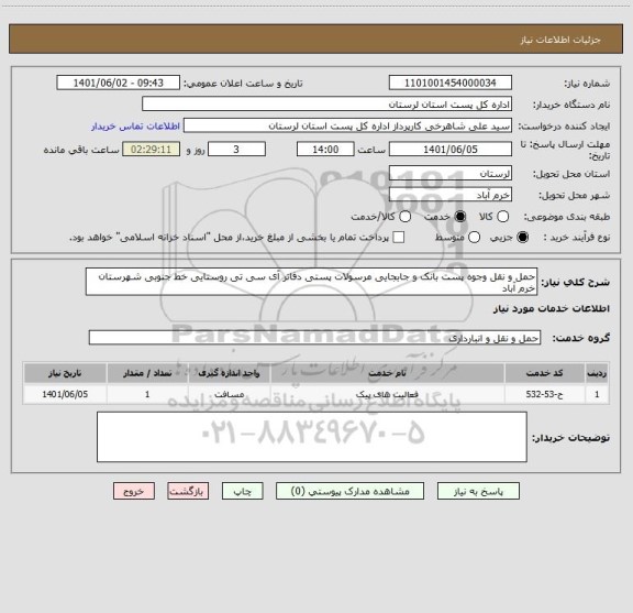 استعلام حمل و نقل وجوه پست بانک و جابجایی مرسولات پستی دفاتر آی سی تی روستایی خط جنوبی شهرستان خرم آباد