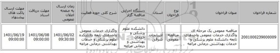 مناقصه، مناقصه عمومی یک مرحله ای واگذاری خدمات عمومی واحدهای تابعه دانشکده علوم پزشکی و خدمات بهداشتی درمانی مراغه