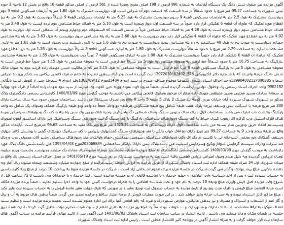 آگهی مزایده شش دانگ یک دستگاه آپارتمان به شماره 991 فرعی از 198 اصلی مفروز ومجزا شده از 561 فرعی از اصلی