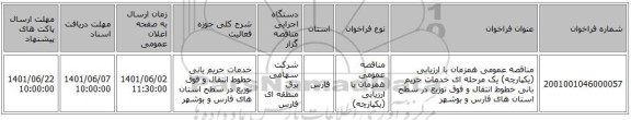 مناقصه، مناقصه عمومی همزمان با ارزیابی (یکپارچه) یک مرحله ای خدمات حریم بانی خطوط انتقال و فوق توزیع در سطح استان های فارس و بوشهر