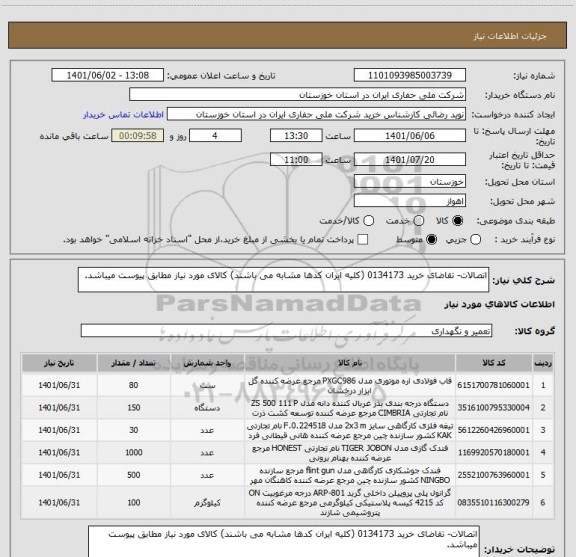 استعلام اتصالات- تقاضای خرید 0134173 (کلیه ایران کدها مشابه می باشند) کالای مورد نیاز مطابق پیوست میباشد.