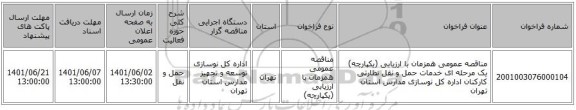 مناقصه، مناقصه عمومی همزمان با ارزیابی (یکپارچه) یک مرحله ای خدمات حمل و نقل نظارتی کارکنان اداره کل نوسازی مدارس استان تهران