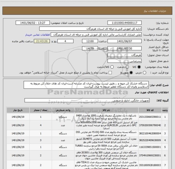 استعلام  دستگاه خشک کن میوه و ...طبق لیست پیوست-ایران کد مشابه است-ایران کد های خلال کن مربوط به اسلایسر وایران کد دستگاه تقطیر مربوط به عرق گیراست