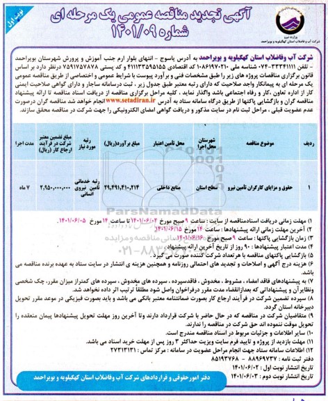 تجدید مناقصه حقوق و مزایای کارگران تامین نیرو