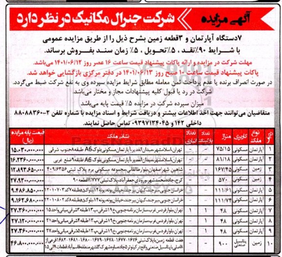 مزایده فروش 7 دستگاه آپارتمان و 3 قطعه زمین