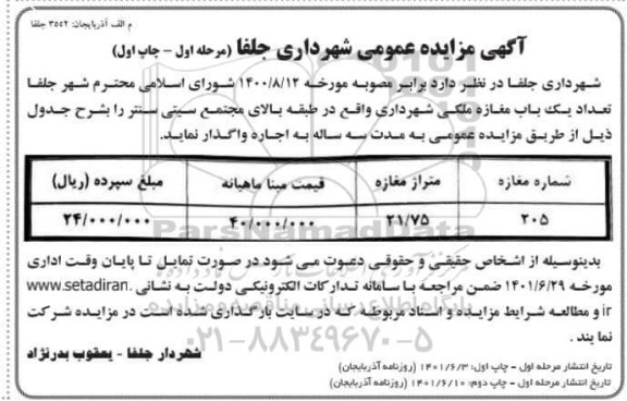 مزایده تعداد یکباب مغازه ملکی 