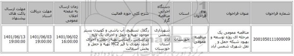 مناقصه، مناقصه عمومی یک مرحله ای روژه توسعه و بهبود شبکه حمل و نقل شهری شمس آباد