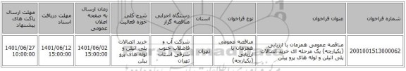 مناقصه، مناقصه عمومی همزمان با ارزیابی (یکپارچه) یک مرحله ای خرید اتصالات پلی اتیلن و لوله های پرو پیلن