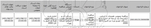 مناقصه، مناقصه عمومی همزمان با ارزیابی (یکپارچه) یک مرحله ای اجاره یازده دستگاه خودرو مزدا دو کابین یا کارا 2000