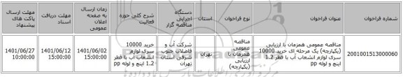 مناقصه، مناقصه عمومی همزمان با ارزیابی (یکپارچه) یک مرحله ای خرید 10000 سری لوازم انشعاب آب با قطر 1.2 اینچ و لوله pp