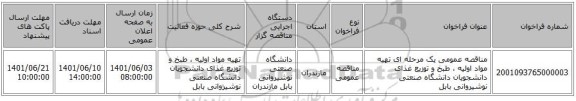 مناقصه، مناقصه عمومی یک مرحله ای تهیه مواد اولیه ، طبخ و توزیع غذای دانشجویان دانشگاه صنعتی نوشیروانی بابل
