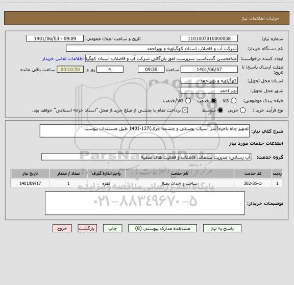 استعلام تجهیز چاه باجره(سر آسیاب یوسفی و چشمه چری)127-1401 طبق مستندات پیوست