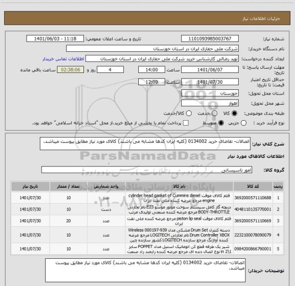 استعلام اتصالات- تقاضای خرید 0134002 (کلیه ایران کدها مشابه می باشند) کالای مورد نیاز مطابق پیوست میباشد.