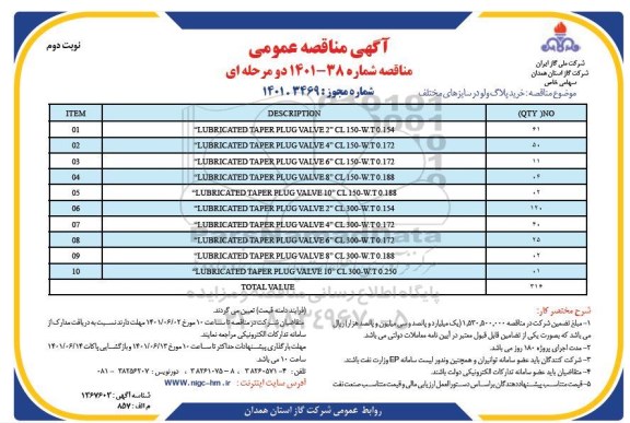 مناقصه خرید پلاگ ولو در سایزهای مختلف 