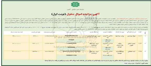مزایده اموال منقول فروش خودرو