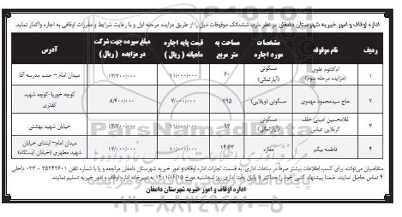 مزایده اجاره ششدانگ موقوفات