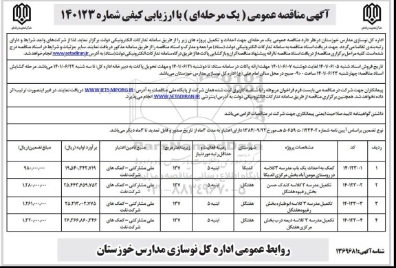 مناقصه کمک به احداث یک باب مدرسه 3 کلاسه در روستای  ...