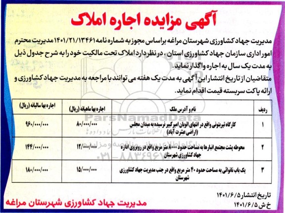  مزایده اجاره املاک 