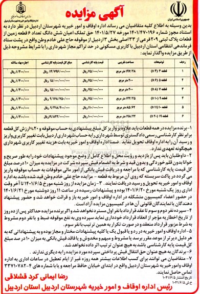 مزایده ششدانگ تعداد 6 قطعه زمین از قطعات پلاک ثبتی 209 فرعی از 33 اصلی بخش 3