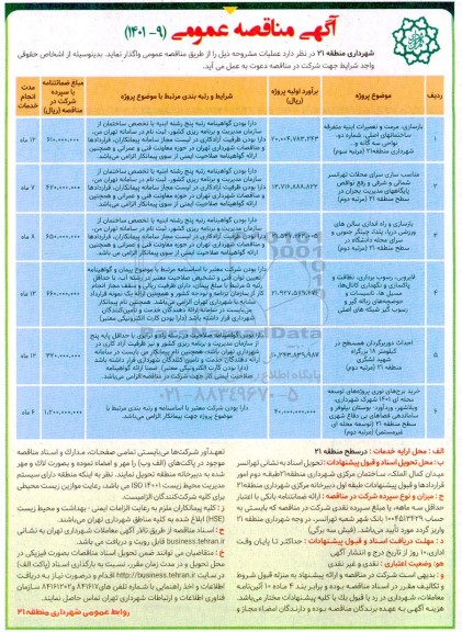 مناقصه عمومی بازسازی، مرمت و تعمیرات ابنیه متفرقه ساختمان های اصلی...