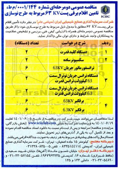 مناقصه تامین اقلام برقی پست 63KV مربوط به طرح نوسازی 
