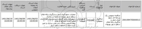مناقصه، مناقصه عمومی یک مرحله ای جمع آوری،حمل و بارگیری زباله های سطح شهر بهبهان