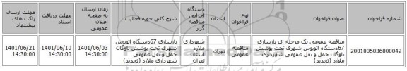 مناقصه، مناقصه عمومی یک مرحله ای بازسازی 67دستگاه اتوبوس شهری تحت پوشش ناوگان حمل و نقل عمومی شهرداری ملارد (تجدید)