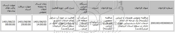 مناقصه، مناقصه عمومی همزمان با ارزیابی (یکپارچه) یک مرحله ای انجام خدمات اداری و پشتیبانی امورات جاری در سطح استان آذربایجان غربی(تجدید)