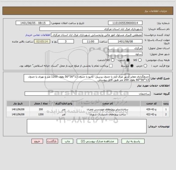 استعلام جدولگذاری معابر شهر غرق آباد با جدول پرسی -کانیو با جدول 13*30*50 بطول 1200 متر و نهری با جدول 13*50*60 بطول 200 متر طبق فایل پیوستی
