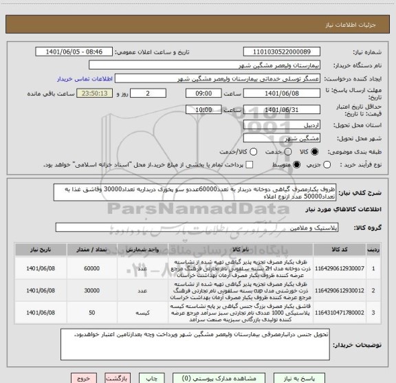 استعلام ظروف یکبارمصرف گیاهی دوخانه دربدار به تعدد60000عددو سو پخوری دربداربه تعداد30000 وقاشق غذا به تعداد50000 عدد ازنوع اعلاء
