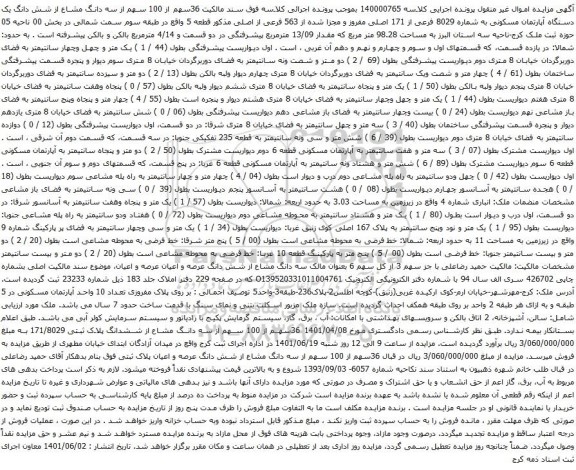 آگهی مزایده  36سهم از 100 سهم از سه دانگ مشاع از شش دانگ یک دستگاه آپارتمان مسکونی به شماره 8029 فرعی از 171 اصلی