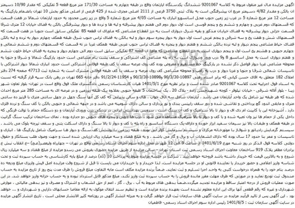 آگهی مزایده ششدانگ یکدستگاه اپارتمان واقع در طبقه چهارم به مساحت 171/30 متر مربع قطعه 5