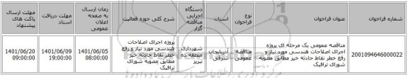 مناقصه، مناقصه عمومی یک مرحله ای پروژه اجرای اصلاحات هندسی مورد نیاز و رفع خطر نقاط حادثه خیز مطابق مصوبه شورای ترافیک
