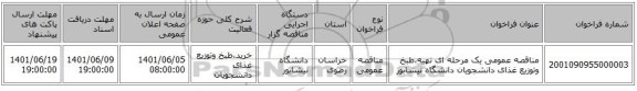 مناقصه، مناقصه عمومی یک مرحله ای تهیه،طبخ وتوزیع غذای دانشجویان دانشگاه نیشابور