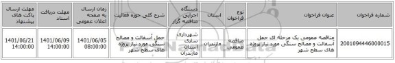 مناقصه، مناقصه عمومی یک مرحله ای حمل آسفالت و مصالح سنگی مورد نیاز پروژه های سطح شهر
