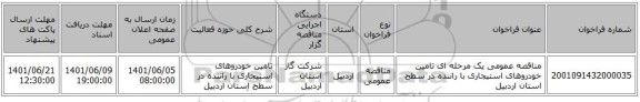 مناقصه، مناقصه عمومی یک مرحله ای تامین خودروهای استیجاری با راننده در سطح استان اردبیل