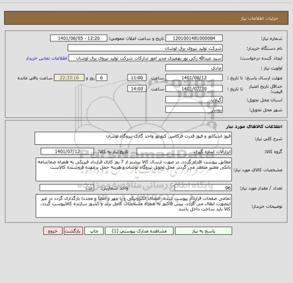 استعلام فیوز اندیکاتور و فیوز قدرت فرکانس کنورتور واحد گازی نیروگاه لوشان