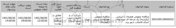 مناقصه، مناقصه عمومی همزمان با ارزیابی (یکپارچه) یک مرحله ای تهیه لوله  اجرای فاضلاب شهر پرند