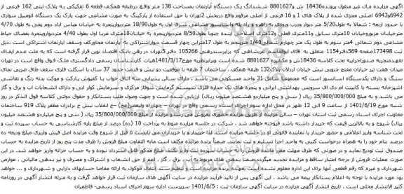 آگهی مزایده ششدانگ یک دستگاه آپارتمان بمساحت 138 متر