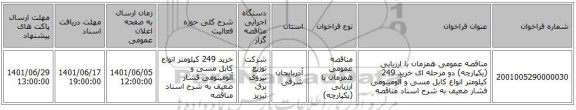 مناقصه، مناقصه عمومی همزمان با ارزیابی (یکپارچه) دو مرحله ای خرید 249 کیلومتر انواع کابل مسی و آلومینومی فشار ضعیف به شرح اسناد مناقصه