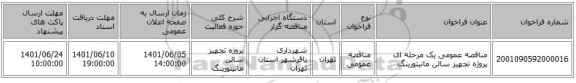 مناقصه، مناقصه عمومی یک مرحله ای پروژه تجهیز سالن مانیتورینگ