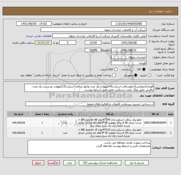 استعلام قوچان(دوغایی)-تابلوسافت استارت45کیلووات یک عدد وتابلو سافت استارت15کیلووات دو پست یک عدد-بافرش عایق ویک جفت دستکش عایق،طبق شرایط پیوست